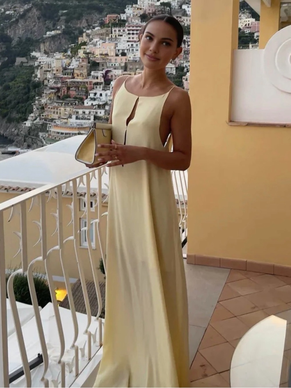 Commense Pale Yellow Maxi Dress with Front Keyhole